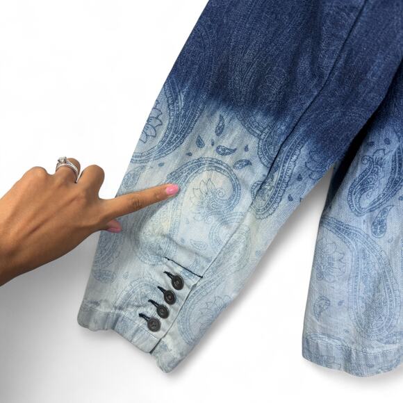 Chico’s Denim Blazer Women's Size 2 Large Ombre Paisley Western Boho Indie - Picture 13 of 13